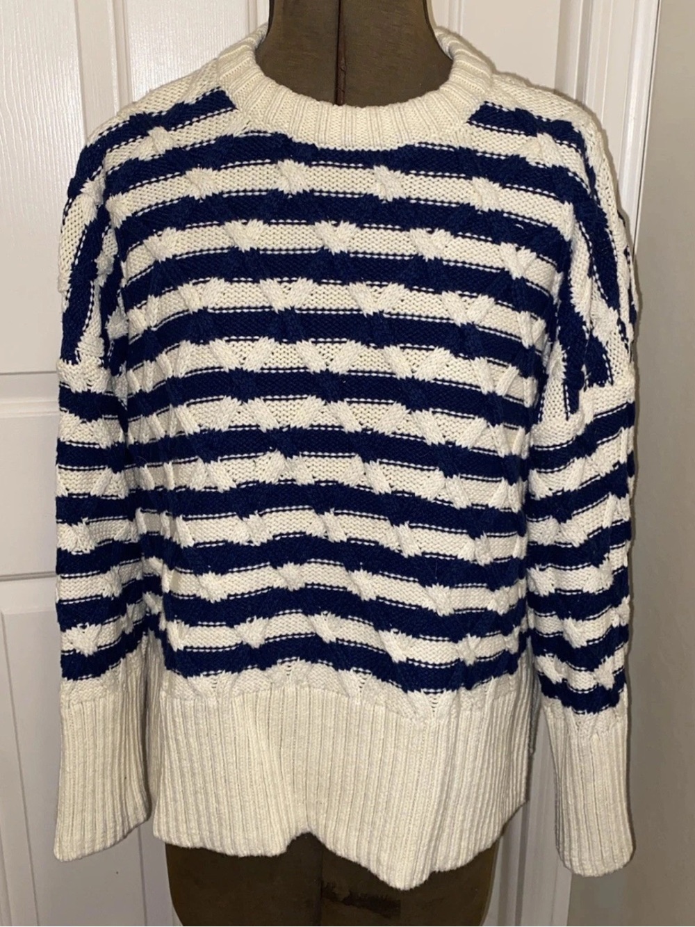Madewell Navy & White Striped Cable-Knit Crewneck Sweater Size M - J10